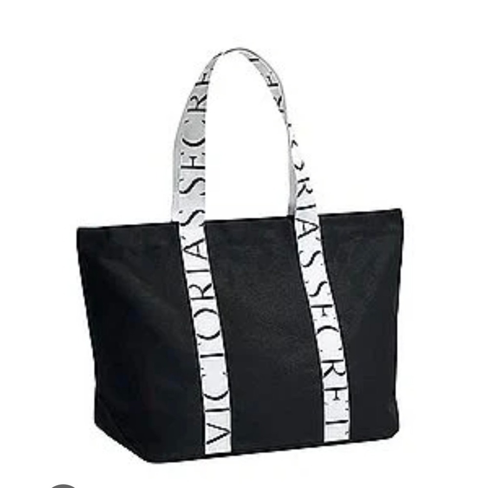 Victorias Secret Black Canvas Tote Bag Leopard Print Lining Logo Straps NEW